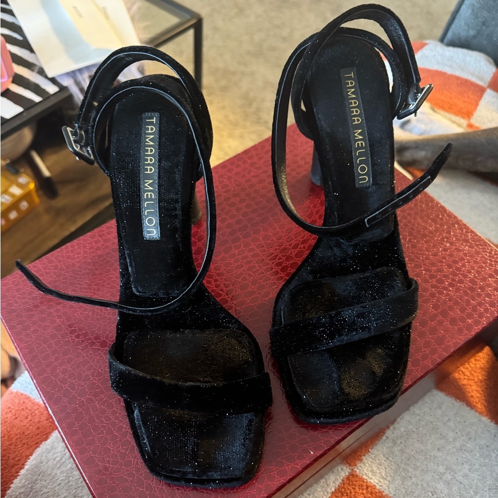 Tamara Mellon Solitude 100 Glitter Suede Black Pillow Top Strap Sandals 37.5